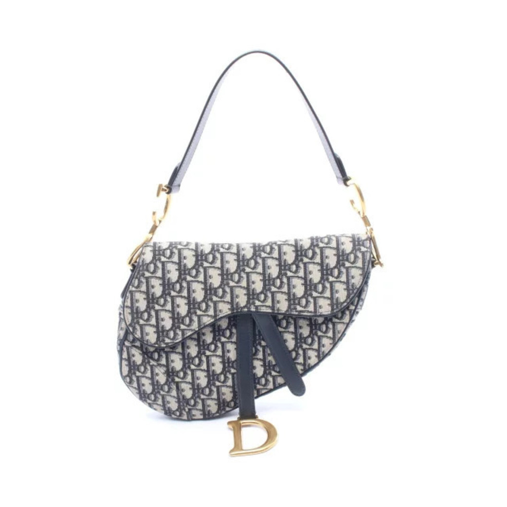 Christian Dior SADDLE Oblique Handbag Canvas Leather Navy Blue Beige Cream